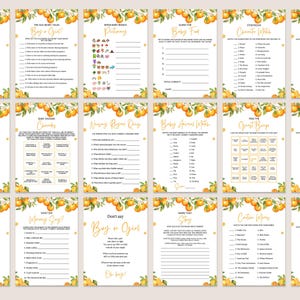 May include: A set of printable baby shower games with a citrus theme. The games include "Boy or Girl", "Baby Animal Lottery", "Guess the Baby Food", "Storybook Character Match", "Find the Onesie Bingo", "What Mommy Says", "Don't Say Boy or Girl", "Name That Story", "Mommy's Regime Quiz", "Baby Shower Charades", "The Old Wives Tales", "Enjoy Baby Books Dictionary", and "Cartoon Movie Guess".