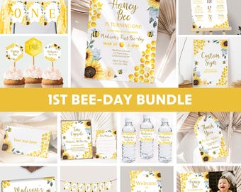 First Bee Day Invitation Bundle 1st Bee Day Party Decorations Bee Birthday Party Invite Party Kit Bee Theme Printables EDITABLE Instant B03