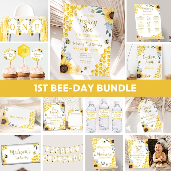First Bee Day Invitation Bundle 1st Bee Day Party Decorations Bee Birthday Party Invite Party Kit Bee Theme Printables EDITABLE Instant B03