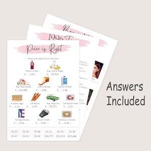 May include: A game sheet titled "Price is Right" with illustrations of items like a gallon of gas, a house, and a loaf of bread. The sheet includes prices from 1996 and the text "Answers Included".