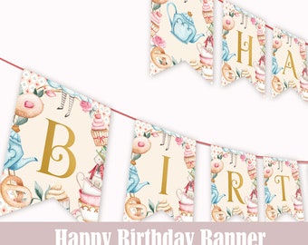 Alicia en el país de las maravillas cumpleaños Banner Alicia en Onederland decoración Sombrerero Loco Bunting Tea 1er feliz cumpleaños fiesta bandera decoración IMPRIMIBLE A01