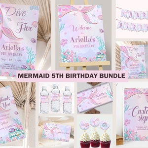 Dive into Five Birthday Invitation Bundle Mermaid 5th Birthday Decoration Girl Fifth Under the Sea Party Decor Theme Editable Digital M02