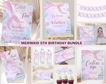 Dive into Five Birthday Invitation Bundle Mermaid 5th Birthday Decoration Girl Fifth Under the Sea Party Decor Theme Editable Digital M02