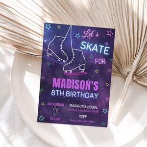 Invitación de cumpleaños de patinaje sobre hielo Invitación a fiesta de patinaje sobre hielo Invitación a fiesta de patinaje sobre hielo Invitación de niña de patinaje sobre hielo rosa EDITABLE Descarga instantánea R01