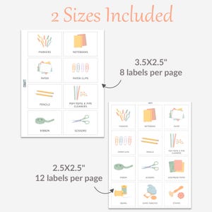 May include: Two sheets of craft labels with illustrations of craft supplies. The labels are in two sizes: 3.5x2.5 inches with 8 labels per page and 2.5x2.5 inches with 12 labels per page. The text "2 Sizes Included" is at the top.