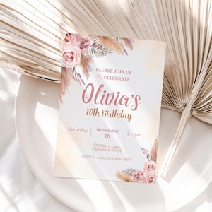 Pampas Grass Birthday Invitation Boho Pink Pampas Grass Birthday Party Invite Bohemian Party Invite EDITABLE ANY AGE Instant Download P04