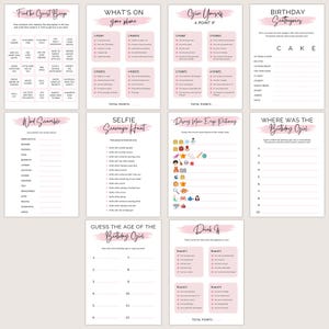 May include: A collection of printable party games on white paper with pink accents. Games include Bingo, Word Scramble, Selfie Scavenger Hunt, and Disney Emoji Pictionary. The text on the pages is in a handwritten style.