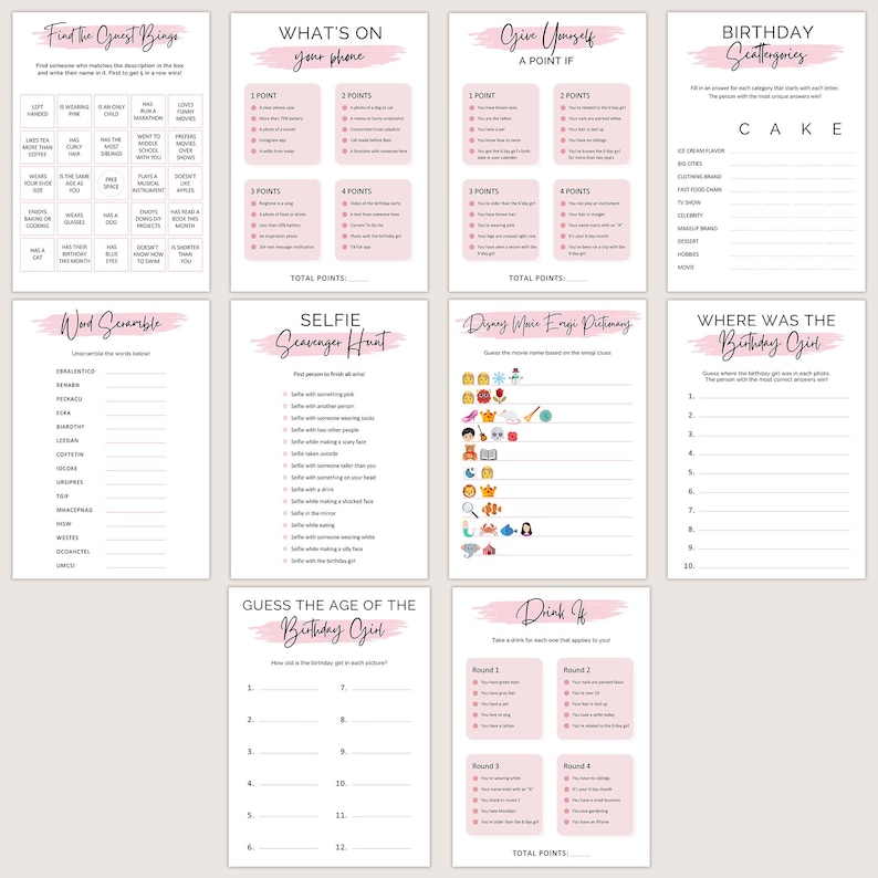 May include: A collection of printable party games on white paper with pink accents. Games include Bingo, Word Scramble, Selfie Scavenger Hunt, and Disney Emoji Pictionary. The text on the pages is in a handwritten style.