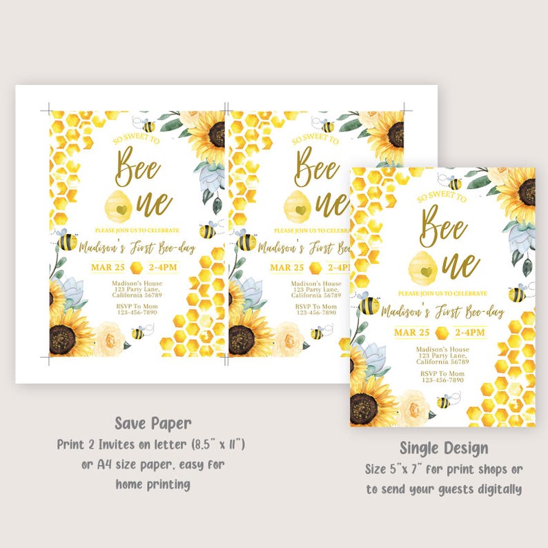 Puede incluir: Una invitaci&oacute;n imprimible para una fiesta de primer cumplea&ntilde;os con tem&aacute;tica de abejas. La invitaci&oacute;n presenta un patr&oacute;n de panal amarillo, girasoles y abejas. El texto de la invitaci&oacute;n dice "So Sweet to Bee One" e incluye la fecha, la hora y el lugar de la fiesta. La invitaci&oacute;n est&aacute; disponible en dos tama&ntilde;os: 8,5 x 11 pulgadas y 5 x 7 pulgadas.