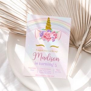 Unicorn Birthday Invitation Rainbow Unicorn Party Invite Pink Purple Gold Floral Unicorn Girl Birthday Invite Editable Digital Download U01