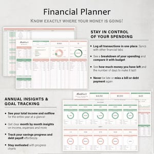 May include: A financial planner with the title "Financial Planner" and the text "Know exactly where your money is going!" The planner includes charts, graphs, and tables for tracking income, expenses, and savings. The planner is designed to help users stay in control of their spending.