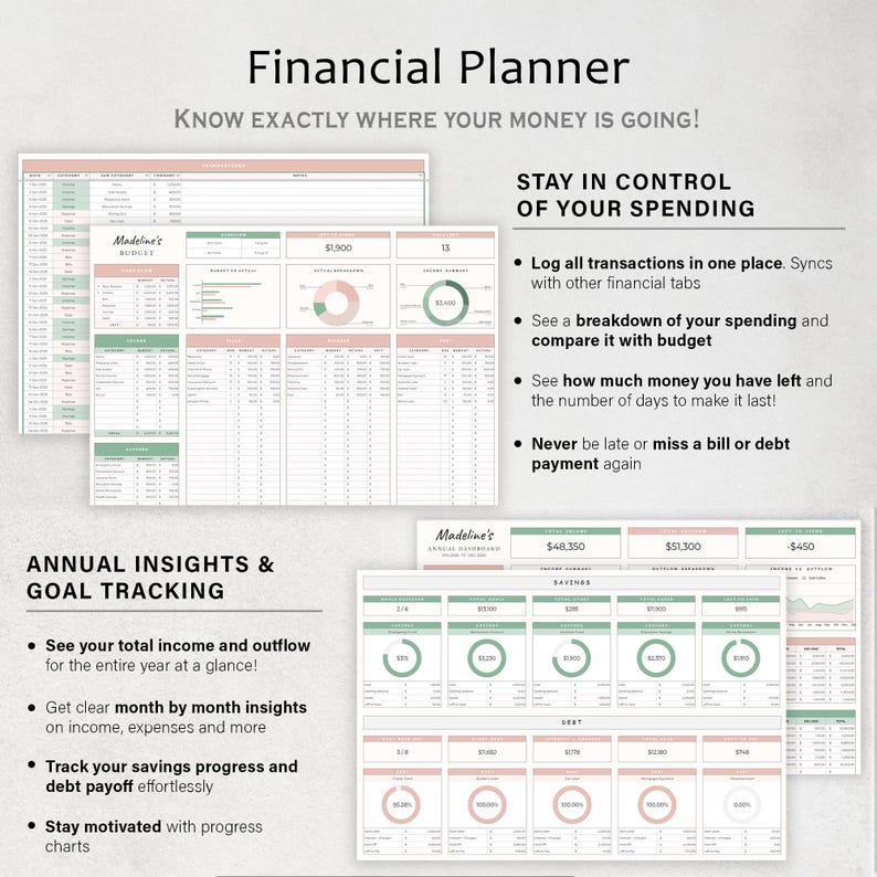 May include: A financial planner with the title "Financial Planner" and the text "Know exactly where your money is going!" The planner includes charts, graphs, and tables for tracking income, expenses, and savings. The planner is designed to help users stay in control of their spending.