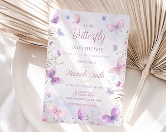 Invitación para baby shower con diseño de mariposas, para niña, con temática de mariposas rosa y moradas, editable, descarga instantánea BS4