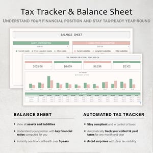 Puede incluir: Un rastreador de impuestos digital y una hoja de balance con el texto "Tax Tracker & Balance Sheet". El documento muestra datos financieros, incluida la distribuci&oacute;n de activos y pasivos, e informaci&oacute;n fiscal para el a&ntilde;o fiscal 2025-26.