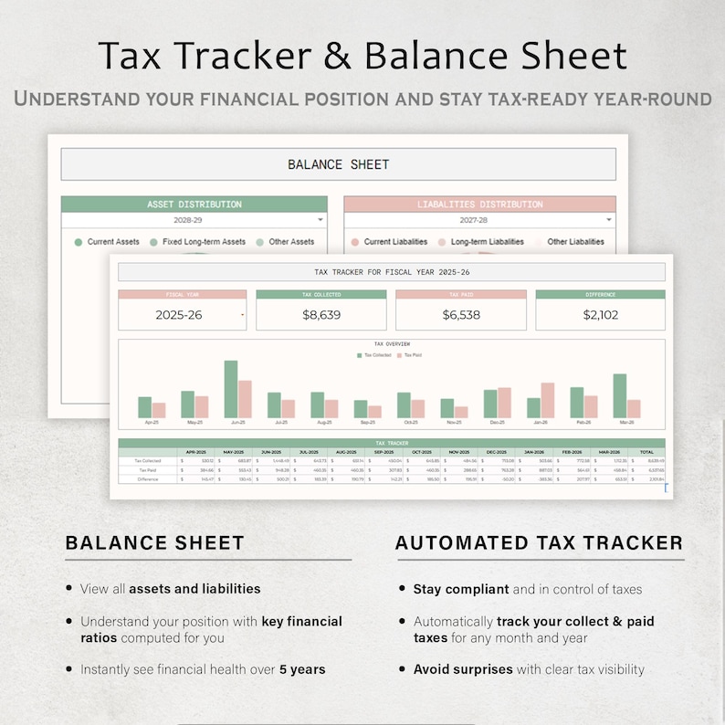 Puede incluir: Un rastreador de impuestos digital y una hoja de balance con el texto "Tax Tracker & Balance Sheet". El documento muestra datos financieros, incluida la distribuci&oacute;n de activos y pasivos, e informaci&oacute;n fiscal para el a&ntilde;o fiscal 2025-26.