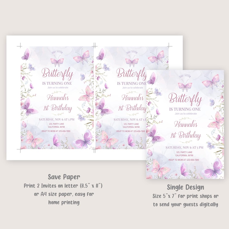 May include: Two printable invitations for a first birthday party. The invitations feature a watercolor design with purple butterflies and flowers on a light blue background. The text on the invitations reads "Our Little Butterfly is Turning One" and "Hannah's 1st Birthday".