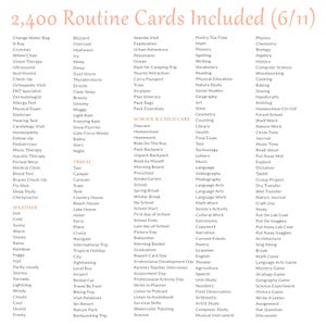 Pu&ograve; includere: Un elenco digitale bianco intitolato 2,400 Routine Cards Included (6/11) con cinque colonne di testo. Le categorie includono medico, meteo, viaggi, scuola e assistenza all'infanzia, con elementi come X-Ray, Blizzard, Taxi, Daycare e Physics.