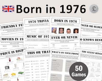 50th  Birthday Games UK Bundle British 50th Birthday Party Game 1976 Trivia Born in 1976 50 year Men Women Him Her Pound EDITABLE Digital