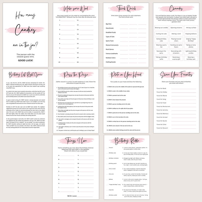 Puede incluir: Una colecci&oacute;n de juegos de fiesta imprimibles en tarjetas blancas con detalles en rosa. Los juegos incluyen "How Many Candies", "Make Some Word", "Think Quick", "Charades", "Birthday List Right Game", "Pass the Prize", "Plate on Your Head", "Share Your Favorites", "Things I Love" y "Birthday Riddle".