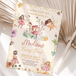 Fairy First Birthday Invitation Template Editable Girl 1st Birthday Party Invite Enchanted Magical Forest Garden Princess Floral Instant F01