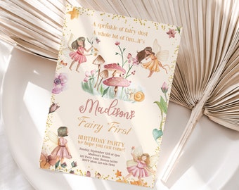 Modèle d'invitation de premier anniversaire fée fille 1er anniversaire modifiable inviter la forêt magique enchantée jardin princesse florale instantanée F01