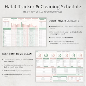 May include: A habit tracker and cleaning schedule with the text "Habit Tracker & Cleaning Schedule" and "BE ON TOP OF ALL YOUR ROUTINES!". The design includes charts, graphs, and lists for tracking habits and cleaning tasks. The color scheme is primarily pink and green.