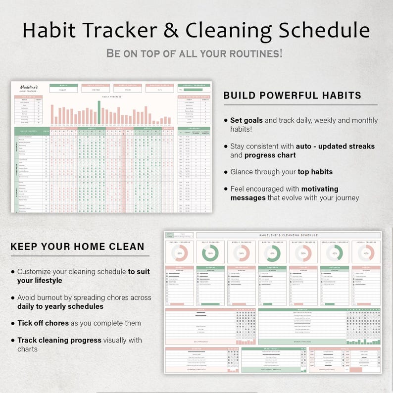 May include: A habit tracker and cleaning schedule with the text "Habit Tracker & Cleaning Schedule" and "BE ON TOP OF ALL YOUR ROUTINES!". The design includes charts, graphs, and lists for tracking habits and cleaning tasks. The color scheme is primarily pink and green.