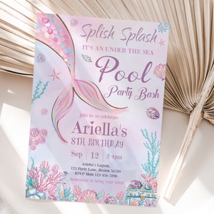 Mermaid Pool Party Invitation Under the Sea Pool Party Invitation Girl Pink Mermaid Pool Party Birthday Invite EDITABLE Template Instant M02