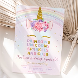 Unicorn Rainbow Birthday Invitation Unicorns Rainbows Sparkles and Gold Invitation Girl Party Invite Pastel EDITABLE Instant Digital U01