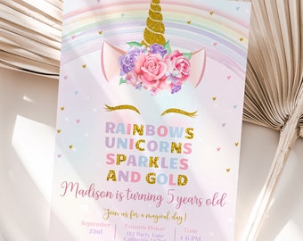 Invitación de cumpleaños de unicornio arco iris unicornios arcoíris destellos y oro invitación fiesta de niña invitar pastel EDITABLE Instant Digital U01