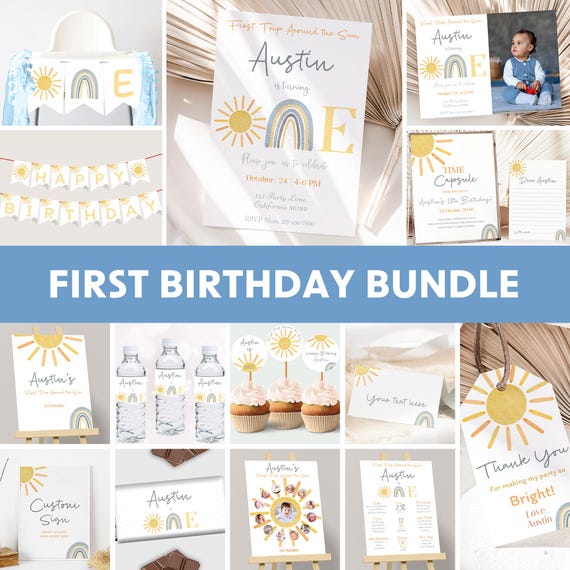 First Trip Around The Sun Birthday Invitation Bundle Boy 1st Birthday Party First Birthday Themes One Year Around Sun Editable Digital S06