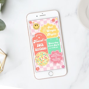 May include: A smartphone displays a retro-themed birthday invitation. The invitation features a pink and white checkered background with text that reads "Hazel's 10th birthday" and "Out Single Digits." A disco ball graphic is also included.