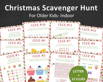 May include: A printable Christmas scavenger hunt for older kids with 12 clues. The clues are on colorful cards with a red and white striped border. The clues include word searches, puzzles, and riddles.