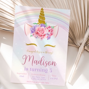 Unicorn Birthday Invitation Rainbow Unicorn Party Invite Pink Purple Gold Floral Unicorn Girl Birthday Invite Editable Digital Download U01 image 1