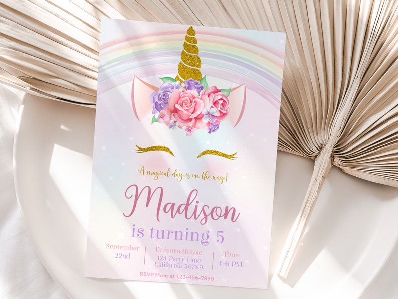 Unicorn Birthday Invitation Rainbow Unicorn Party Invite Pink Purple Gold Floral Unicorn Girl Birthday Invite Editable Digital Download U01 image 1