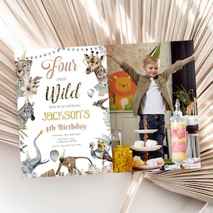 Four Ever Wild Invitation with Photo Zoo Party Invitation with Picture Safari 4th Birthday Invite Gold Silver EDITABLE Instant Digital P07