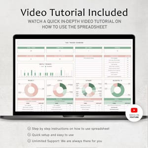May include: A laptop displays a task tracker dashboard with charts and graphs. The screen shows the text "Video Tutorial Included" and "Watch on YouTube." Additional text includes "Step by step instructions," "Quick setup," and "Unlimited Support."