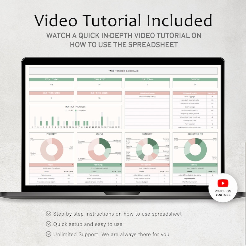 May include: A laptop displays a task tracker dashboard with charts and graphs. The screen shows the text "Video Tutorial Included" and "Watch on YouTube." Additional text includes "Step by step instructions," "Quick setup," and "Unlimited Support."