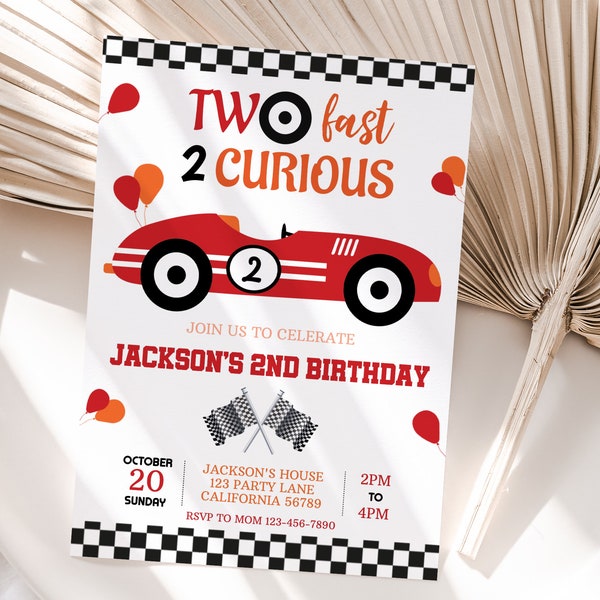 Racing Car Birthday Invitation Two Fast Invitation Race Car Party Invite Boy 2nd Birthday Invite Second Red EDITABLE Instant Download R03