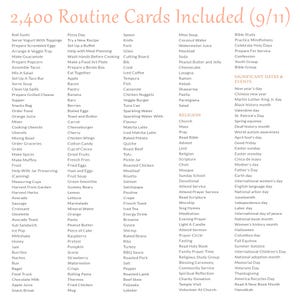 Pu&ograve; includere: Un elenco digitale intitolato 2,400 Routine Cards Included (9/11) che presenta colonne di testo organizzate per categorie come alimenti, attivit&agrave; in cucina, attivit&agrave; religiose e date ed eventi significativi in un carattere marrone chiaro.