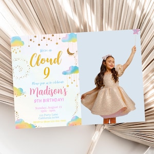 On Cloud 9 Birthday Invitation with Photo Cloud 9 Invitation Picture Cloud Nine Birthday Invitation Girl 9th Editable Instant Digital C05