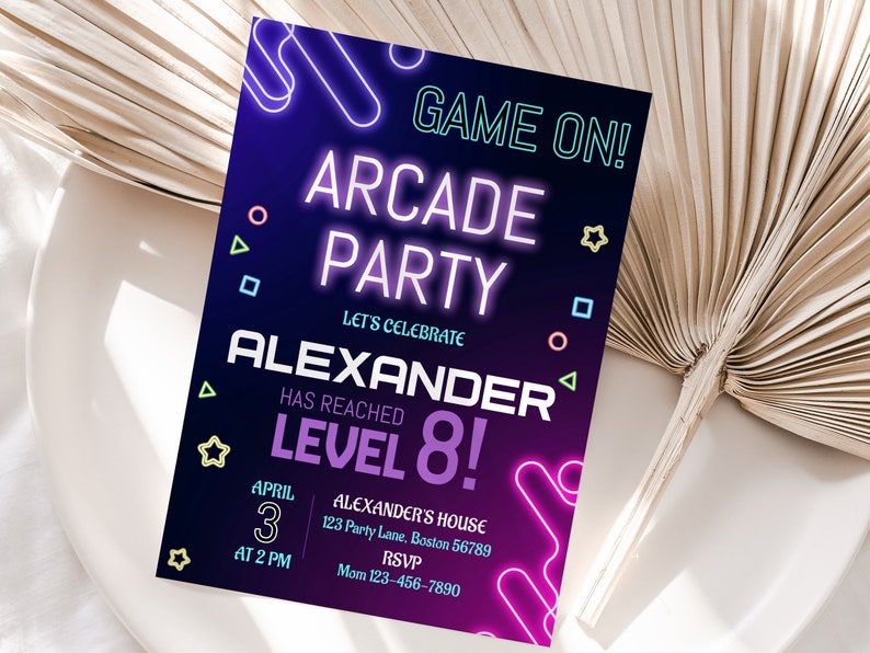Arcade Birthday Party Invitation Boy Blue Green Neon Gaming Invite Glow Gaming Party Boy Arcade
