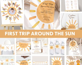 First Trip Around The Sun Birthday Invitation Bundle 1st Trip Around The Sun Birthday Decorations First Birthday Theme Editable Digital S06