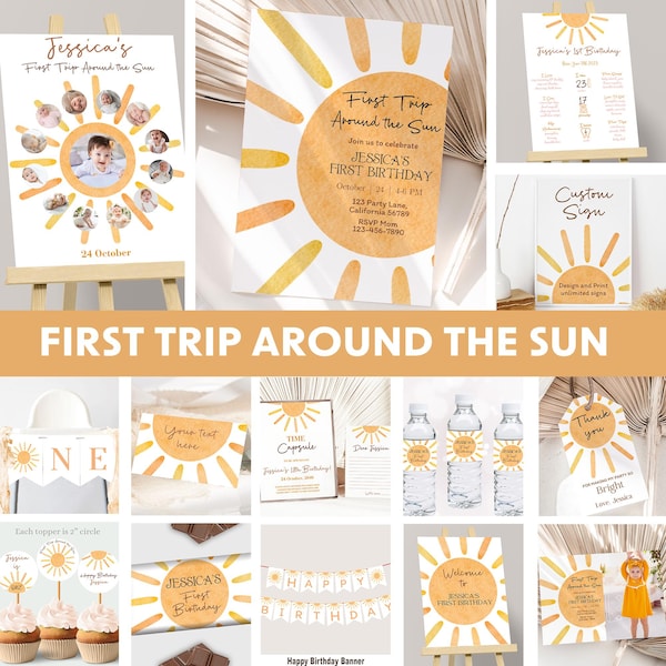 Paquete de invitaciones de cumpleaños para el primer viaje alrededor del sol. Decoraciones de cumpleaños para el primer viaje alrededor del sol. Tema de primer cumpleaños. Digital editable S06