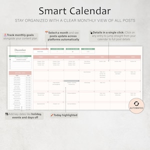 K&ouml;nnte beinhalten: Ein digitaler Smart Calendar mit dem Text "Smart Calendar" oben. Der Kalender zeigt eine monatliche Ansicht mit Abschnitten f&uuml;r Ziele, Daten und Ereignisse. Funktionen umfassen automatische Updates, Zielverfolgung und detaillierte Ansichten.