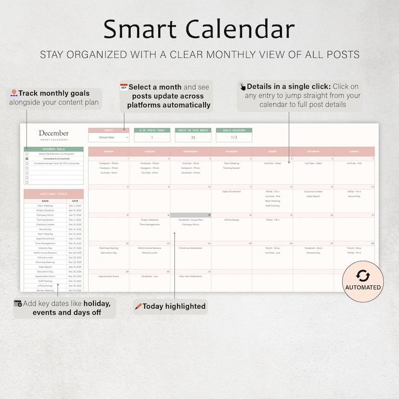 K&ouml;nnte beinhalten: Ein digitaler Smart Calendar mit dem Text "Smart Calendar" oben. Der Kalender zeigt eine monatliche Ansicht mit Abschnitten f&uuml;r Ziele, Daten und Ereignisse. Funktionen umfassen automatische Updates, Zielverfolgung und detaillierte Ansichten.