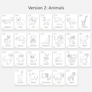 Op de afbeelding: Zwart-witte alfabetkaarten met illustraties van dieren. Elke kaart heeft een letter van het alfabet, de naam van het dier en een ruimte om te schrijven.