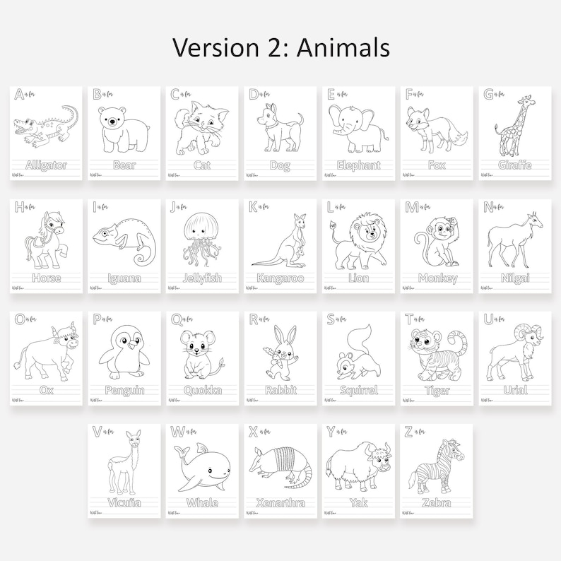 Op de afbeelding: Zwart-witte alfabetkaarten met illustraties van dieren. Elke kaart heeft een letter van het alfabet, de naam van het dier en een ruimte om te schrijven.