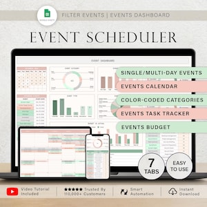 Op de afbeelding: Een laptop, tablet en smartphone met een evenementenplanner dashboard. Het scherm toont grafieken en een kalender. Tekst omvat "Event Scheduler", "Single/Multi-Day Events" en "Events Budget."