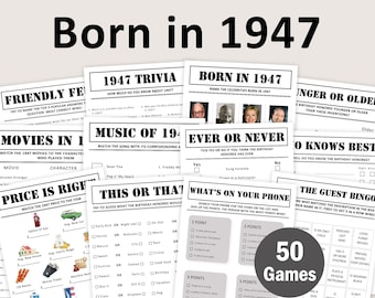 80th Birthday Games Bundle 80th Birthday Party Games 1947 Trivia Born in 1947 80 Year Old Men Women Him Her Quiz EDITABLE Instant Digital